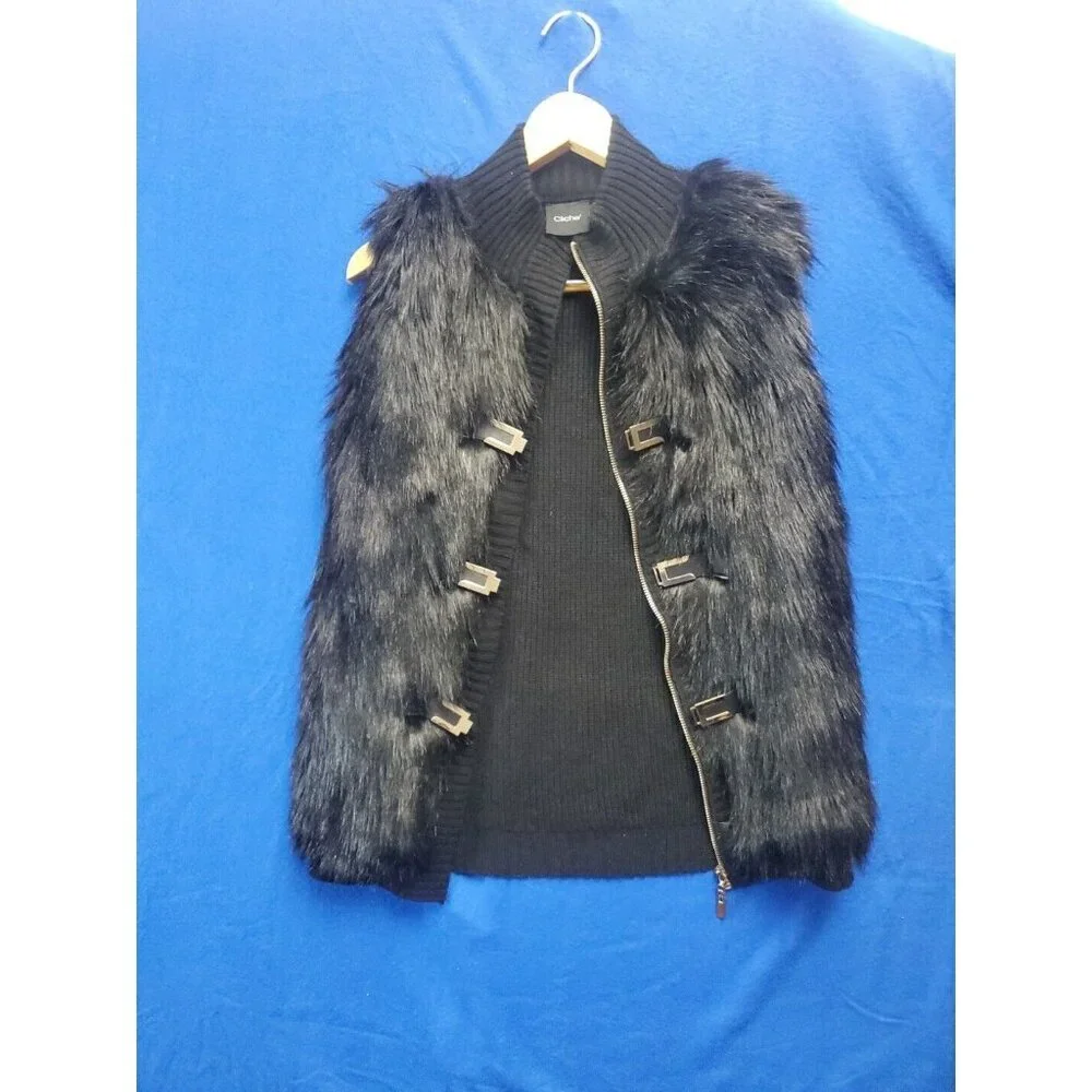 Cliche Black Faux Fur Wool Knit Sweater Vest Size S